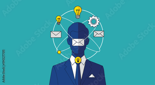 A stylized male figure in a blue suit and tie, with a lightbulb icon on his collar, stands centrally with various orbiting icons on a vibrant teal background.