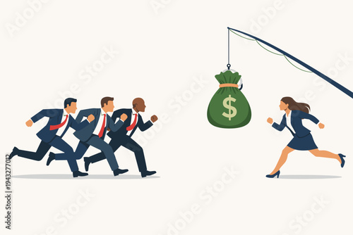 Businessmen and businesswoman in suits competing and running towards a money bag hanging on a fishing rod, vector illustration of corporate competition, financial motivation, and gender equality.