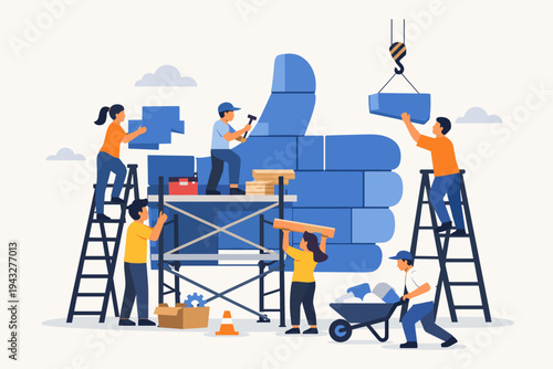 Team of workers building a massive blue thumbs up symbol with scaffolding and tools. Concept of social media engagement, brand reputation, customer satisfaction, and collaborative success.