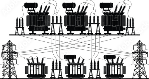 Black Silhouette of Electrical Substation with Power Transformers and High Voltage Transmission Towers for Industrial Energy Infrastructure and Distribution Concept