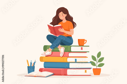 Simple flat vector illustration of a young woman student sitting on a stack of large books and reading. Concept of education, knowledge, academic success, and literature for school or library.