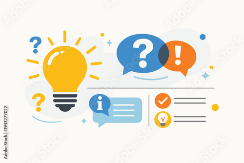 Did You Know Concept Flat Vector Illustration with Glowing Light Bulb, Question Marks, and Speech Bubbles for Creative Ideas, Problem Solving, FAQ, Knowledge Sharing, and Brainstorming Sessions.