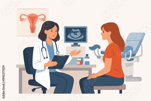 Female gynecologist doctor consulting a young woman patient in a medical clinic office with ultrasound monitor showing fetus, uterus diagram, and examination chair, flat vector illustration.