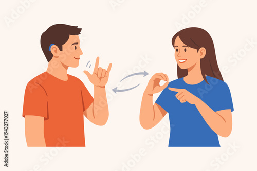 Deaf man with hearing aid and woman communicating through sign language gestures. Inclusive vector illustration of people with hearing impairment using hand signs for conversation and dialogue.