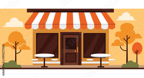 A charming cartoon illustration depicts a small shop or cafe with a distinctive striped orange and white awning and two outdoor tables.