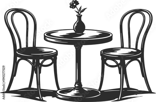 Vintage Cafe Table and Chairs Illustration Classic Bistro Furniture Design.
