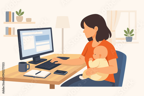 Flat vector illustration of a mother working from home on a computer while holding her sleeping infant baby at a desk, showcasing remote work, multitasking, motherhood, and career life balance.