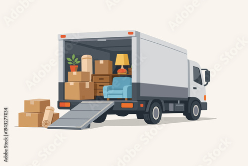Flat Vector Illustration of a Moving Truck with Open Back Door, Ramp Extended, and Loaded with Furniture, Cardboard Boxes, Lamp, and Plant for Relocation, Delivery, and Logistics Services.