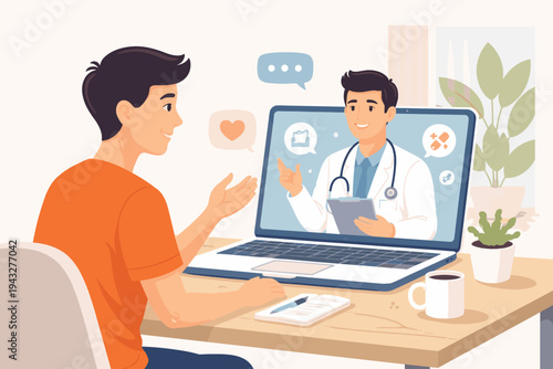 Vector illustration of a young man having an online medical consultation with a doctor via laptop. Telemedicine concept with a patient at home talking to a physician on a video call screen.