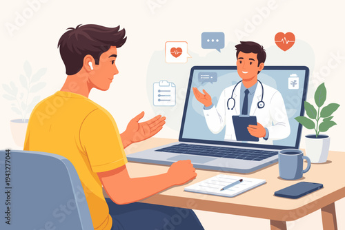 Young Man Having Online Medical Consultation with Male Doctor via Video Call on Laptop, Telemedicine and Digital Healthcare Concept with Medical Icons, Modern Flat Vector Illustration