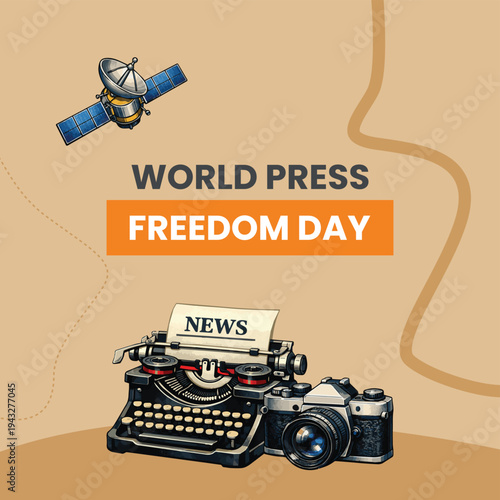 World Press Freedom Day vector illustration with vintage typewriter, camera, and satellite on a beige background, ideal for news, media, and journalism concepts.
