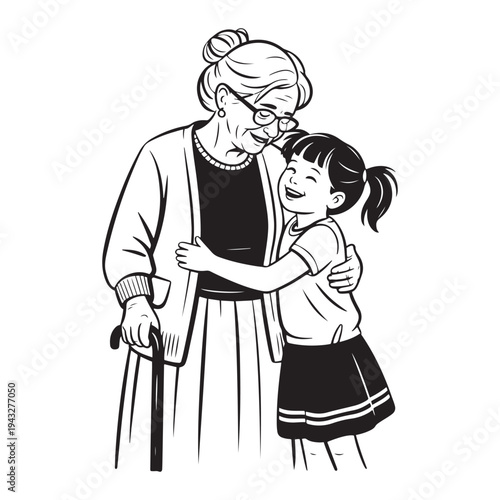Black and white vector illustration of a happy grandmother with glasses and a cane hugging her smiling granddaughter, depicting family love and care.