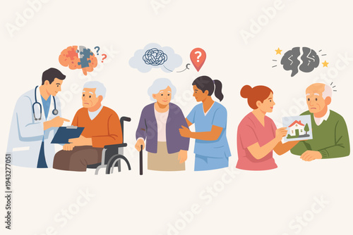 Medical Team Assisting Senior Patients with Dementia and Alzheimer's Disease, Healthcare Professionals Supporting Elderly People with Memory Loss and Brain Damage, Flat Vector Illustration