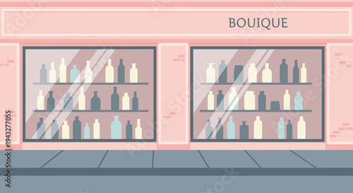 A charming cartoon illustration showcases a boutique storefront with two expansive display windows, each filled with multiple shelves holding various stylized bottles.