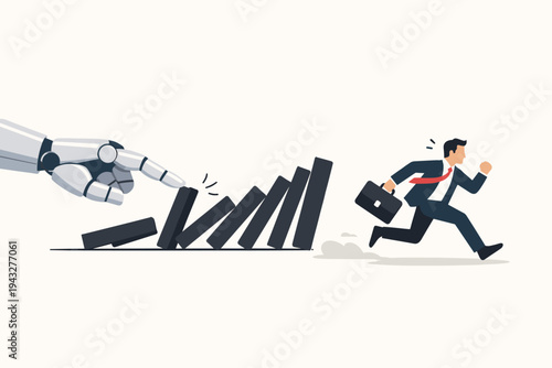 Robot hand pushing falling dominoes towards a running businessman, conceptual vector illustration of artificial intelligence automation, job displacement, risk, and the domino effect in business.