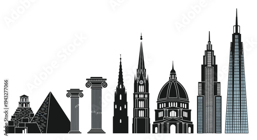 A horizontal row displays eight distinct black silhouettes of famous architectural structures and buildings, spanning from ancient to modern skyscrapers.