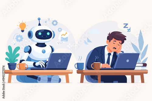 Productive Robot vs Tired Businessman Vector Illustration. AI Automation and Artificial Intelligence Efficiency Compared to Human Burnout and Fatigue in the Modern Workplace Environment.