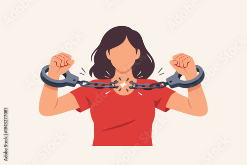 Empowered woman breaking free from handcuffs and metal chains, vector illustration representing liberation, freedom, independence, and overcoming obstacles in a simple flat design style.