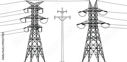 Black Silhouette of High Voltage Electricity Pylons and Utility Transmission Towers for Industrial Power Supply and Energy Infrastructure Development Concept