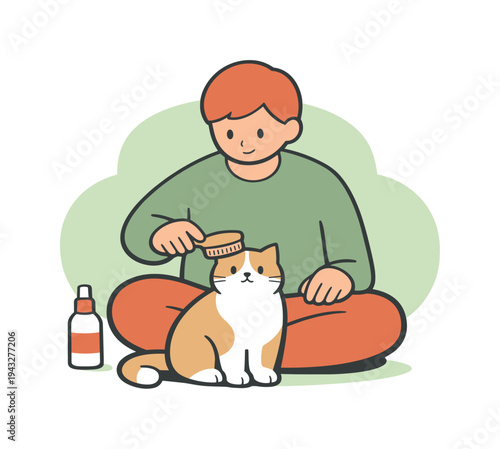 Person grooming a cute cat with a brush and bottle of pet care product