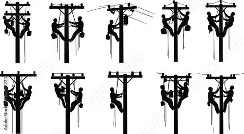 Black Silhouette Set of Electrician Linemen Working on Utility Poles Maintenance and Repair Service for Industrial Power Energy Infrastructure Concept