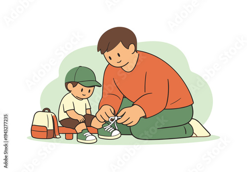 Father patiently teaching his young son how to tie shoelaces, preparing for school