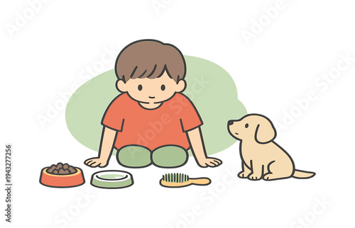 Cute cartoon child and puppy sitting together with food bowl and grooming brush