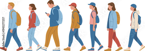 Flat vector illustration of a diverse group of young men and women walking together in trendy casual outfits with backpacks isolated on white background.
