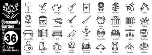 Local community garden landscape and farm tool outline illustration vector illustrator.