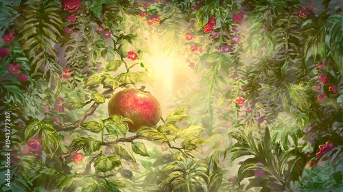 Ethereal Garden of Eden Temptation A Glowing Fruit Amidst Lush Paradise Floral Illustration