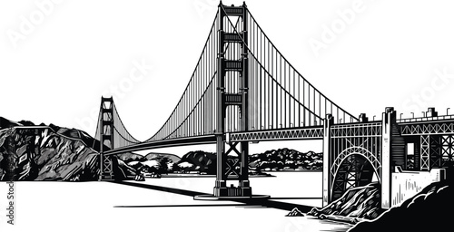 Detailed Black and White Sketch of Golden Gate Bridge in San Francisco Showing Suspension Cables Coastal Mountains and California Landmark Architecture,