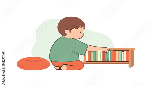 Cute cartoon child reaching for a book on a colorful bookshelf while sitting on the floor