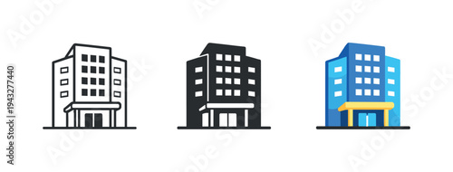 Three different styles of building icons: outline, solid black, and colorful 3D illustration