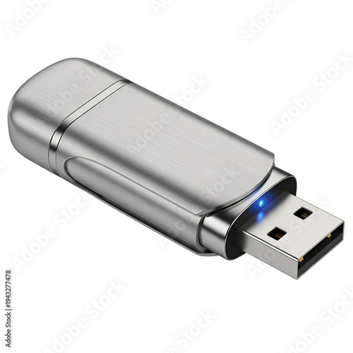 Silver USB flash drive with blue light indicator