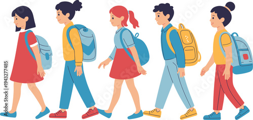 Flat vector illustration of a diverse professional business team standing together in confident poses and walking with briefcases in formal office attire on white.