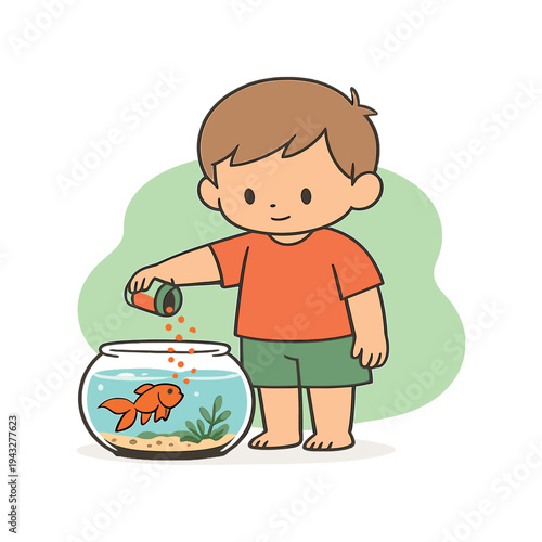 Cute cartoon boy feeding a goldfish in a round fishbowl with small pellets