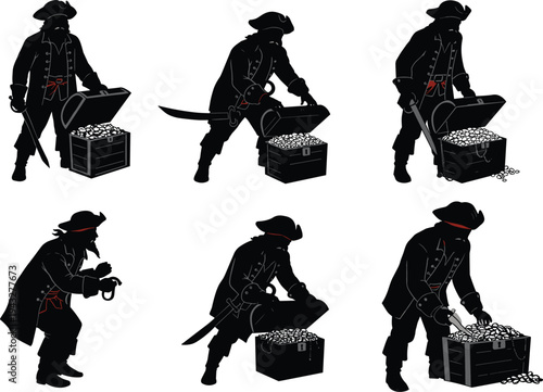 Pirate silhouette illustration with treasure chest, gold coins, adventure folklore, sword, map, exploration, fantasy concept design