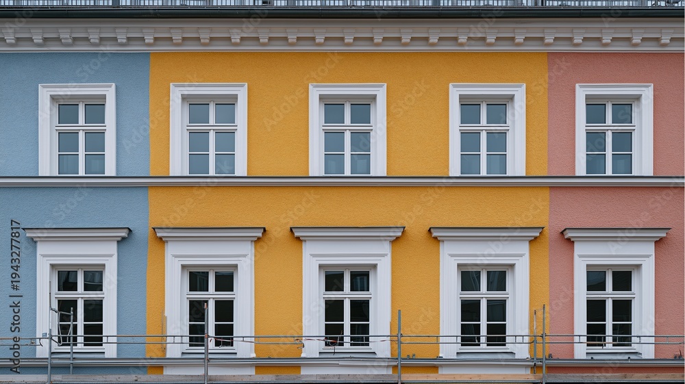 Fototapeta premium Professioneller Außenanstrich in Deutschland mit leuchtenden, kontrastreichen Farben an einem sonnigen Tag