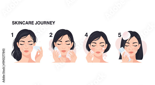 Skincare routine steps illustration woman cleansing face diagram