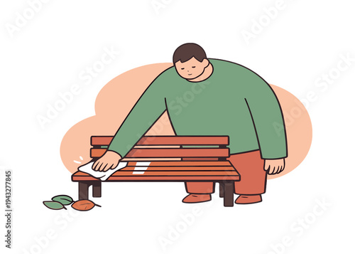Garden Bench Cleaning. Quiet person wipes a garden bench with a cloth, removing dust as wood slats shine and leaves rest nearby