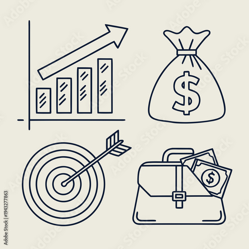 Business success theme icons including growing bar chart money bag with dollar sign target hit by arrow and briefcase stuffed with paper currency