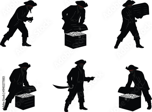 Pirate silhouette illustration with treasure chest, gold coins, sword, adventure exploration, folklore loot, fantasy concept design