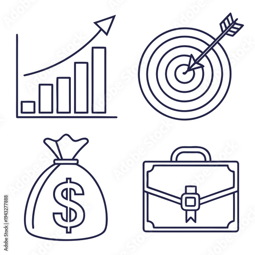 Business growth and financial planning icons collection including bar graph money bag with dollar sign circular target and professional briefcase