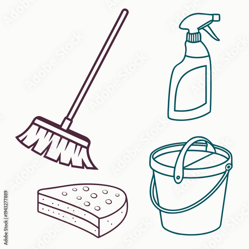 Household cleaning equipment set featuring sweeping broom plastic bucket spray bottle and textured scrubbing sponge for domestic sanitation tasks