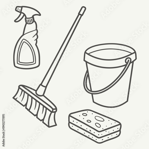 Manual cleaning tools collection showing long handle floor broom heavy duty bucket liquid spray dispenser and porous scrubbing sponge for housework