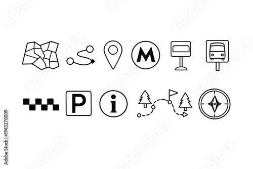 Transportation and navigation icons, including map, route, and public transport symbols