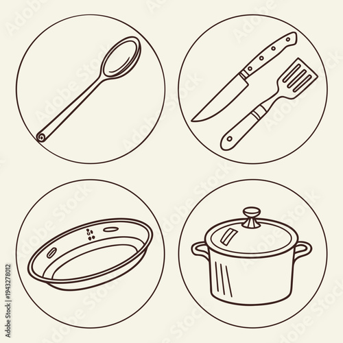 Circular icons featuring kitchen essentials a spoon knife spatula baking pan and a lidded pot on beige background