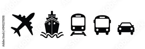Transportation icons including airplane ship train bus and car