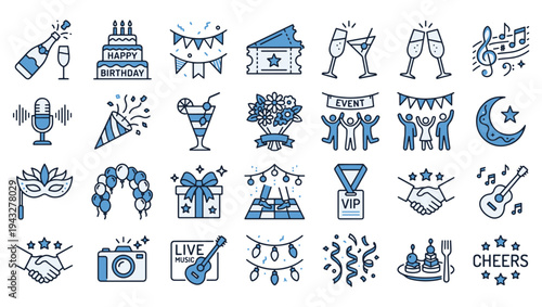 Event Celebration Minimal Line Vector Icon Set on PNG Background, event icons, celebration icons, party icons, festival icons, social gathering icons, champagne vector, birthday cake icon, decorative,