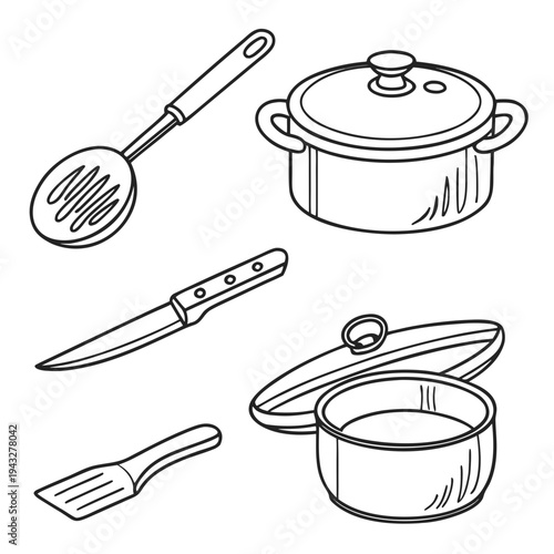 Hand drawn kitchen tools vector set featuring perforated turner deep stock pot utility knife and open casserole dish with lid resting on side angle